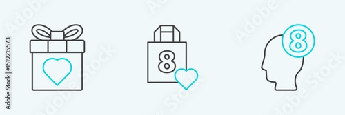 Set line 8 March in human head, Gift box and heart and Shopping bag with icon. Vector
