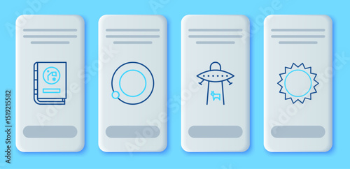 Set line Satellites orbiting the planet Earth, Planet, Book by astronomy and Sun icon. Vector
