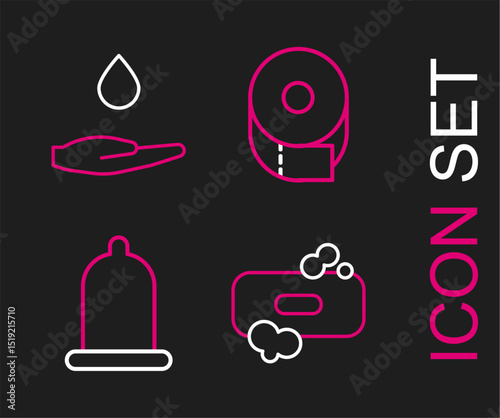 Set line Bar of soap, Condom, Toilet paper roll and Washing hands with icon. Vector