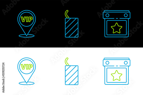 Set line Calendar party, Location Vip and Firework rocket icon. Vector