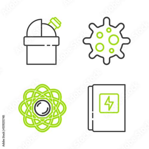 Set line Electrical panel, Atom, Virus and Astronomical observatory icon. Vector