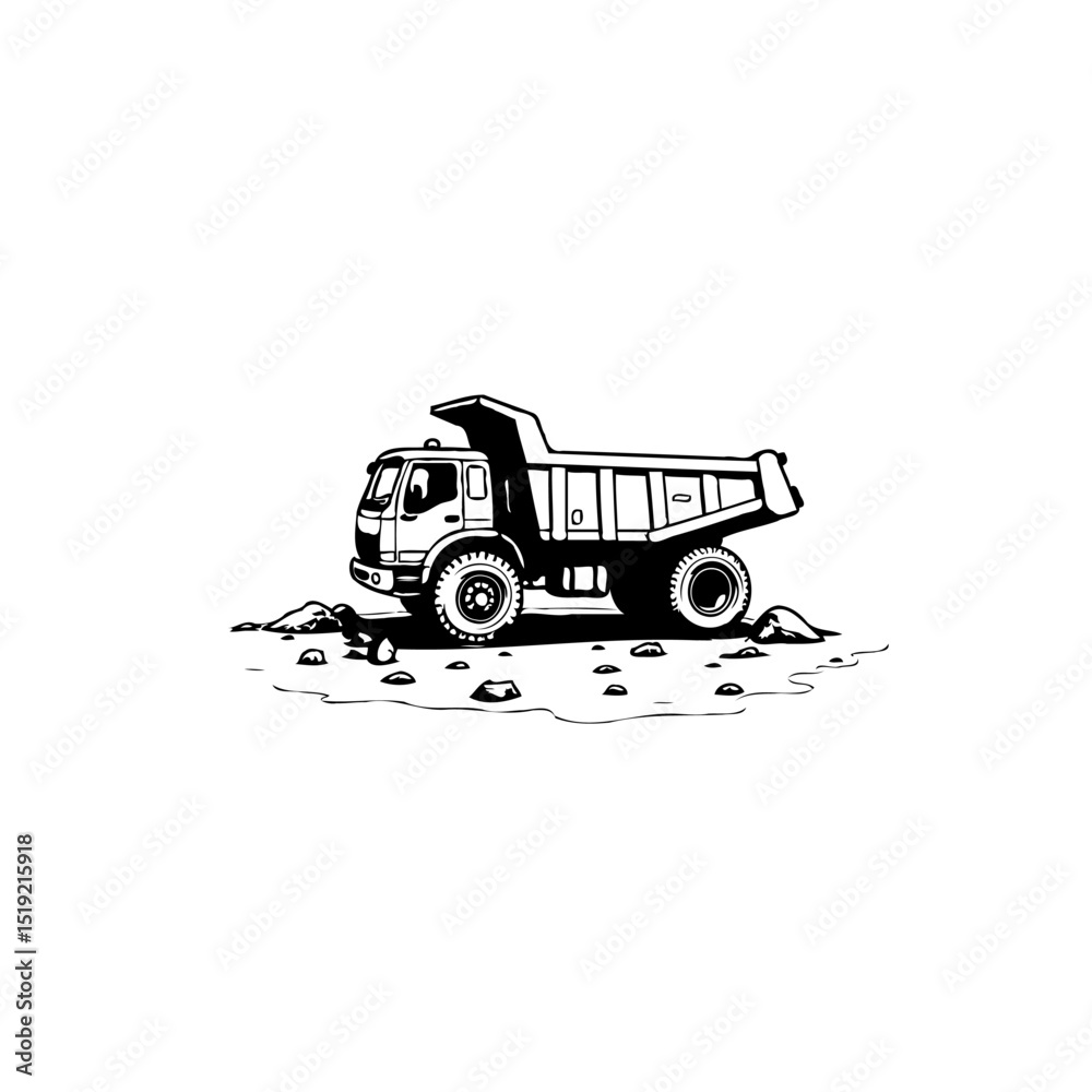 Naklejka premium Monochrome sketch of a dump truck on construction site perfect for designs