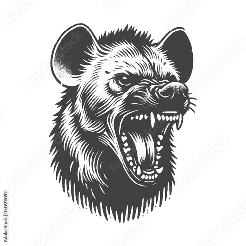 Vintage Hand-Drawn Hyena Growling Aggressively Illustration, Wildlife Animal Engraved Style Vector for T-Shirts and Fierce Themes Design