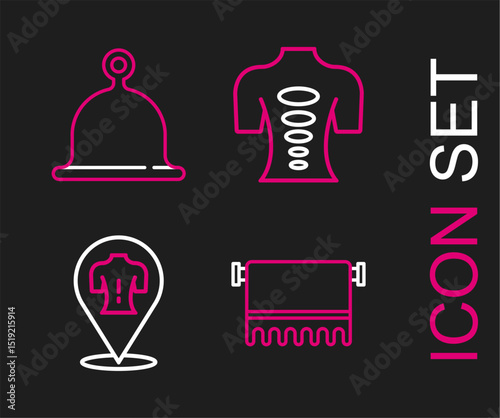 Set line Towel on hanger, Massage, stone therapy and Sauna hat icon. Vector