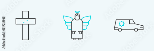 Set line Hearse car, Christian cross and Christmas angel icon. Vector