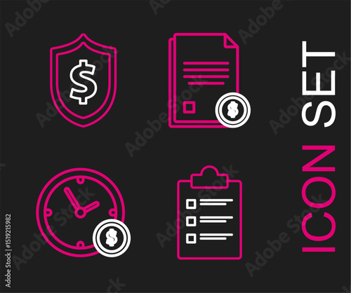 Set line Clipboard with checklist, Time money, Finance document and Shield dollar symbol icon. Vector
