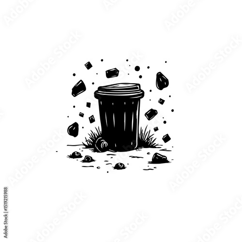 Abstract black and white illustration of a garbage bin with surrounding debris and clutter