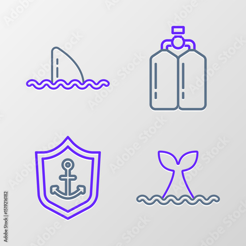 Set line Whale tail in ocean wave, Anchor inside shield, Aqualung and Shark fin icon. Vector