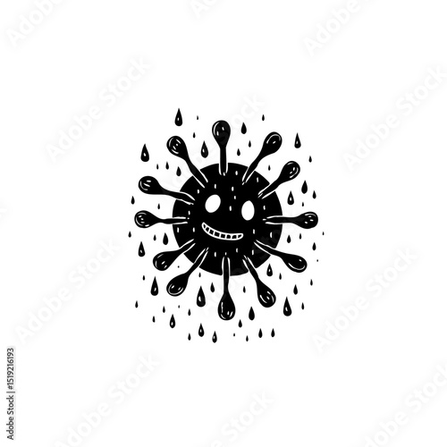 Whimsical Cartoon depiction of a Virus Cell with a Smiley Face and raindrops