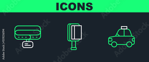 Set line Pet car taxi, Collar with name tag and Hair brush for dog and cat icon. Vector