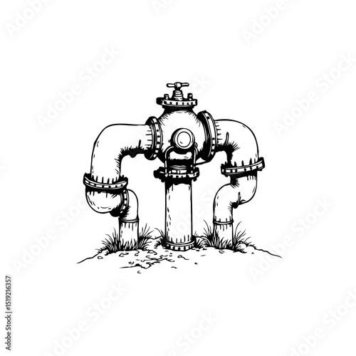Hand-drawn vintage illustration of a complex pipe system valve infrastructure