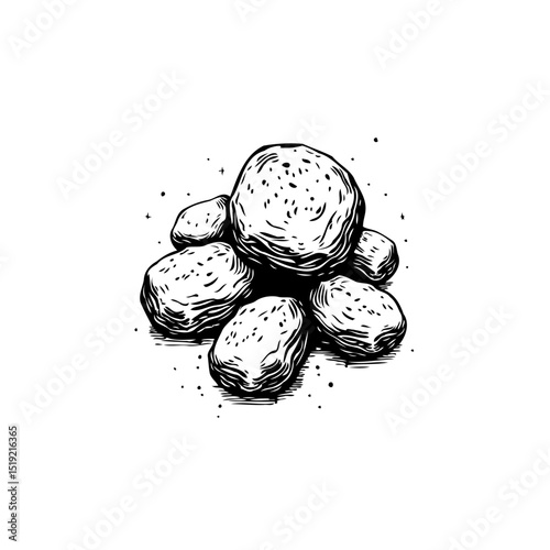 Detailed Illustration of Rocks or Stones in Black and White Ink Style Drawing