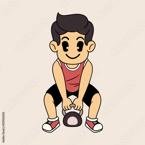 A Funny Boy athlete lifting a kettlebell for fitness and muscle building in a retro cartoon character mascot illustration