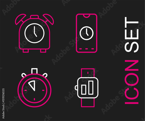 Set line Smartwatch, Stopwatch, Alarm clock app mobile and icon. Vector