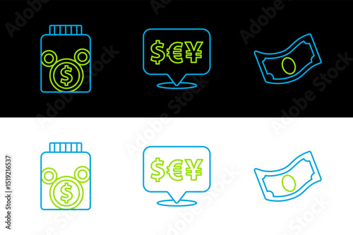 Set line Stacks paper money cash, Glass jar with coin and Currency exchange icon. Vector