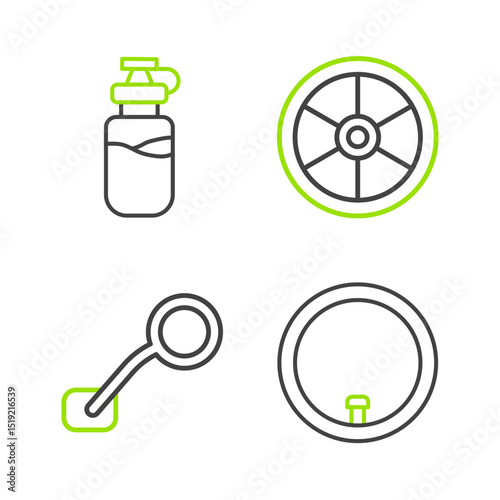 Set line Bicycle wheel, rear view mirror, and Sport bottle with water icon. Vector