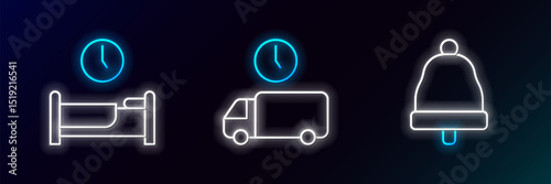 Set line Ringing bell, Time to sleep and Delivery time icon. Glowing neon. Vector