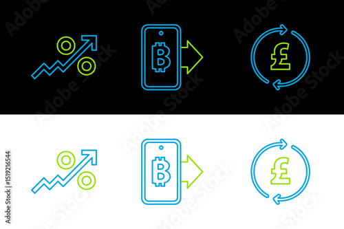 Set line Coin money with pound, Percent up arrow and Mining bitcoin from mobile icon. Vector