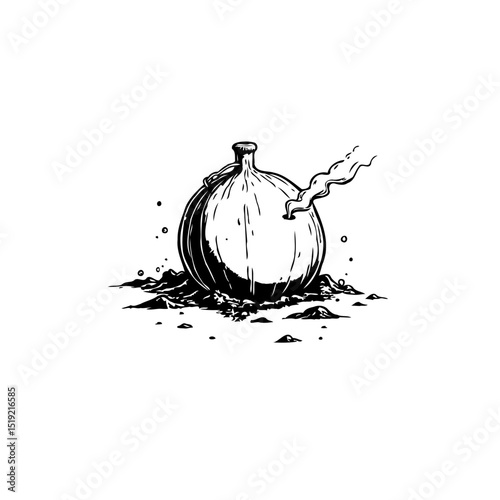 Stylized Smoking Vessel: A Whimsical Black and White Illustration on Subtle Grunge
