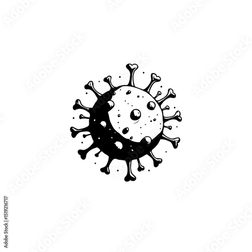 Monochrome illustration of a virus, featuring a crescent-shaped face inside the body