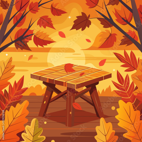 Autumn Landscape. Wooden Table among Vibrant Fall Leaves