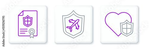 Set line Life insurance with shield, Contract and Plane icon. Vector