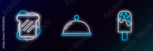 Set line Ice cream, Sandwich and Covered with tray icon. Glowing neon. Vector