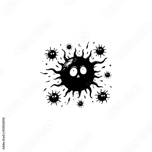 Cartoonish depiction of viruses or microorganisms with expressive eyes isolated