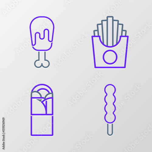 Set line Lollipop, Doner kebab, Potatoes french fries in box and Chicken leg icon. Vector