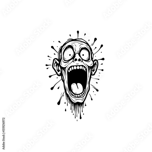Expressive Scary Cartoon Head with Open Mouth Illustration in Black and White