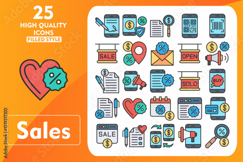 Sales Line Filled Icon Set. Incleded Icons Digital Signature, Promotion, Discount, Payment, Sales, Wishlist, Money Transaction, Advertisement. Vector Icons Collection