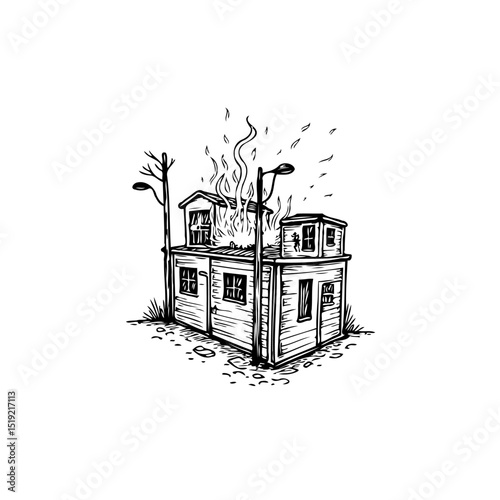 Conceptual Sketch of a House Engulfed in Flames with Streetlights on Either Side