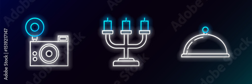 Set line Covered with a tray of food, Photo camera and Candlestick icon. Glowing neon. Vector