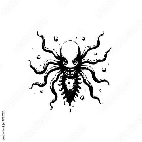Spooky sea creature illustration: A black and white octopus with a scary face