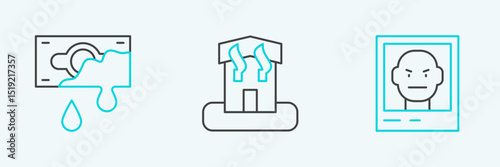 Set line Wanted poster, Bloody money and Arson home icon. Vector