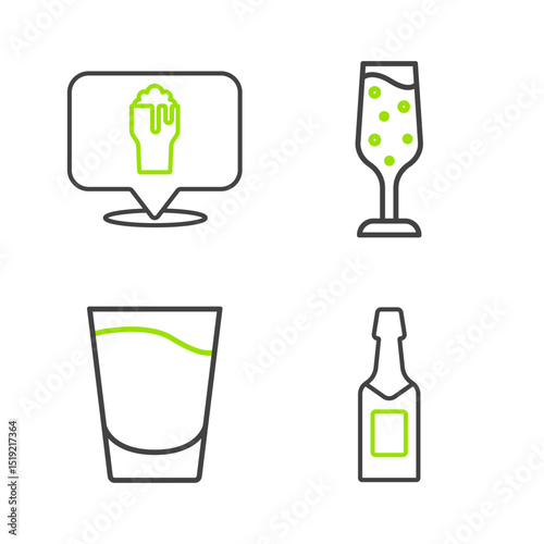 Set line Champagne bottle, Shot glass, Glass of champagne and Alcohol or beer bar location icon. Vector