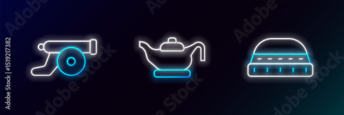 Set line Muslim hat for prayer, Ramadan cannon and Oil lamp icon. Glowing neon. Vector
