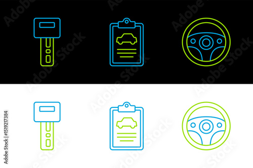 Set line Steering wheel, Car key with remote and inspection icon. Vector