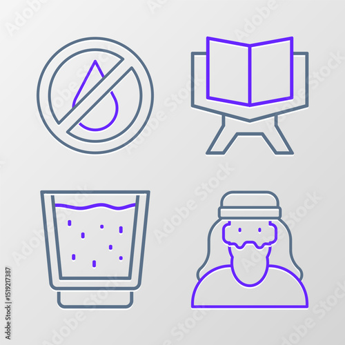 Set line Muslim man, Glass with water, Holy book of Koran and No icon. Vector
