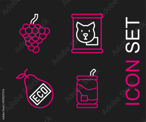 Set line Soda can, Healthy organic pear, Canned food and Grape fruit icon. Vector