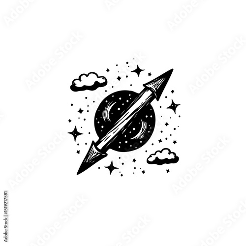 Whimsical space illustration with cosmic arrow, stars, and clouds in monochrome