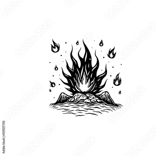 Monochrome illustration of a bonfire surrounded by floating flames and water