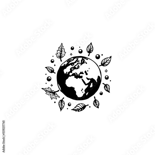 Earth Day Illustration: A black and white globe surrounded by leaves and bubbles