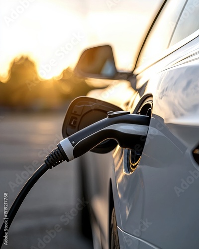 Electric Car Charging at Sunset: Eco-Friendly Vehicle Power Station for Sustainable Future and Renewable Energy Transition