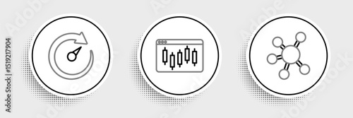 Set line Project team base, Digital speed meter and Browser with stocks market icon. Vector