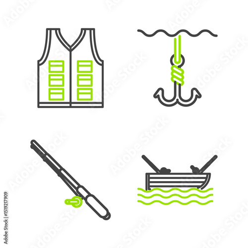 Set line Fishing boat with fishing rod on water, hook under and jacket icon. Vector