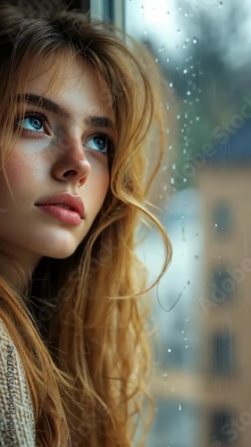 Young woman gazing out the window on a rainy day, lost in thought, with soft light illuminating her features