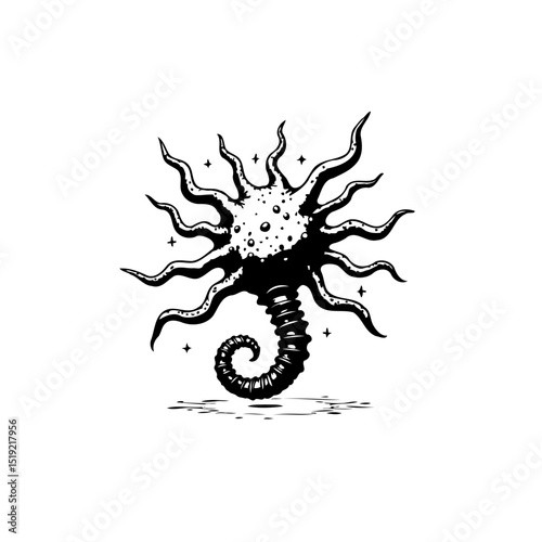 Whimsical Sea Creature Illustration: A Fantasy Deep-Sea Exploration in Black and White