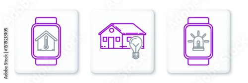 Set line Smart watch with smart house and alarm, temperature and light bulb icon. Vector