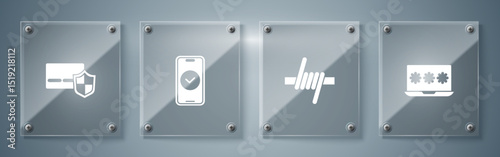 Set Laptop with password, Barbed wire, Smartphone and Credit card shield. Square glass panels. Vector